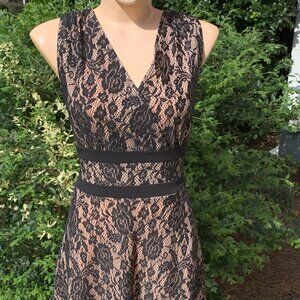 Black and tan  Sleeveless Halter Style Dress with a flare and Black Lace Overlay